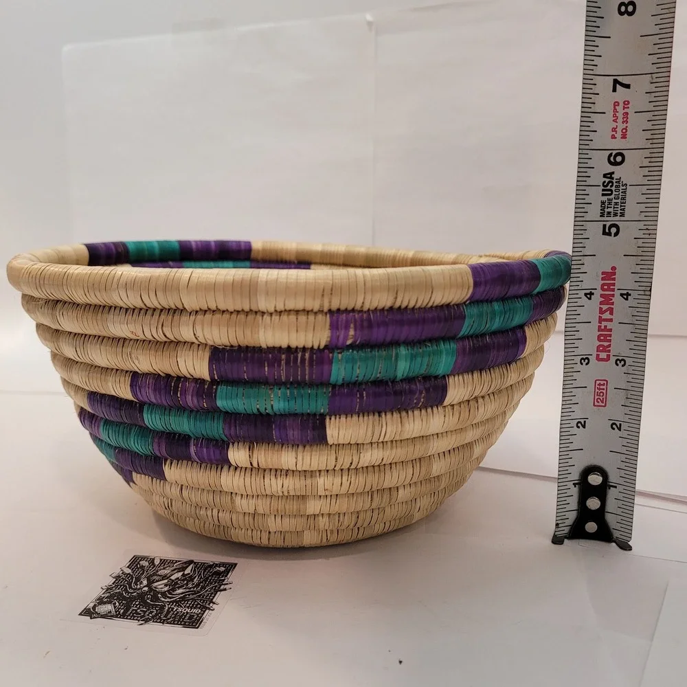 Woven Basket Bowl Home Decor Purple Teal Tan Handcrafted Coiled 9in Weave